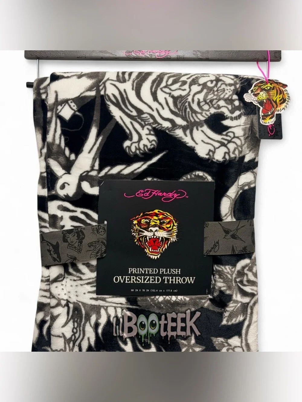 Ed Hardy Black & White Flash Tattoo Print Plush Oversized Throw Blanket